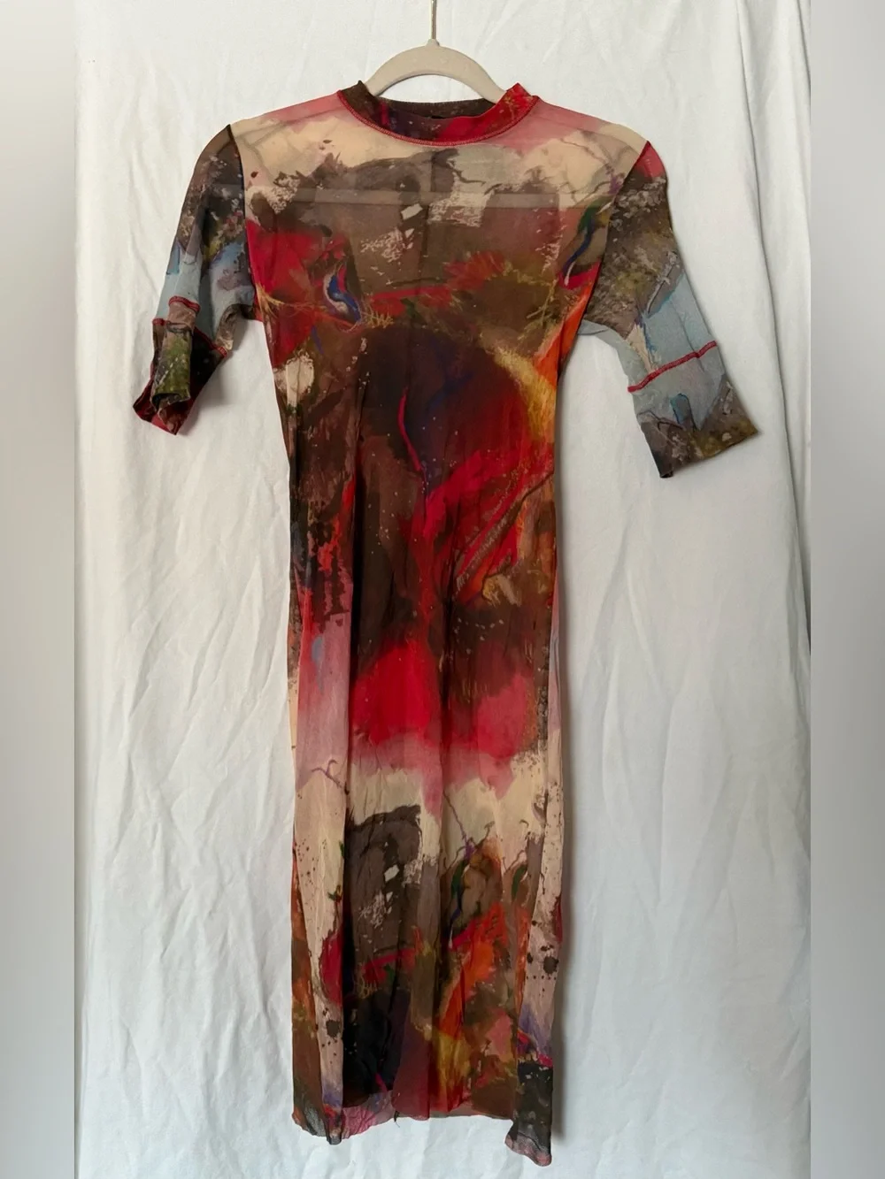 Y2K Abstract Print Sheer Long Sleeve Midi Dress in Red and Brown